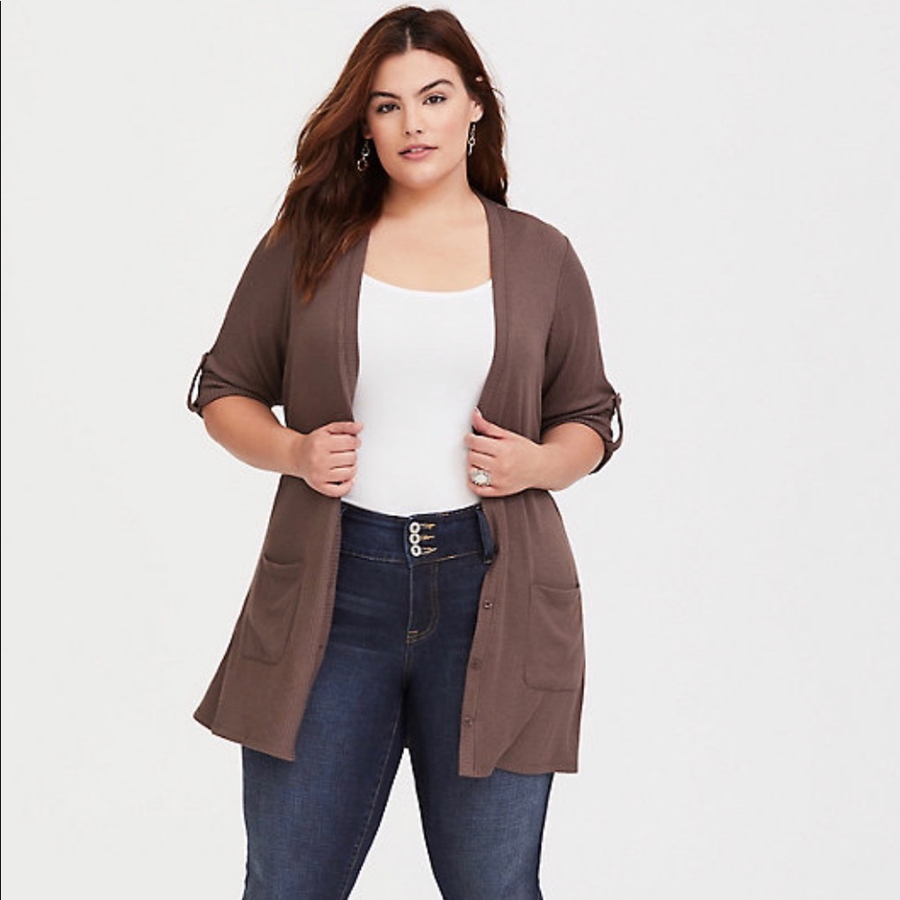 TAUPE LONGLINE RIBBED CARDIGAN